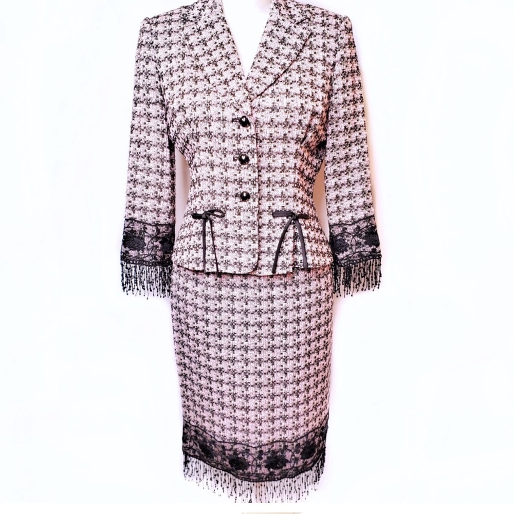 Kay Unger Black Pink Tweed Skirt Suit Size 6